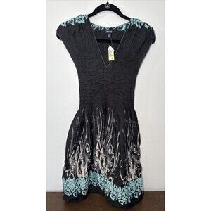 NWT Max Edition Black Multi Stretch Smocked Fit And Flare Dress Sz Petite Small